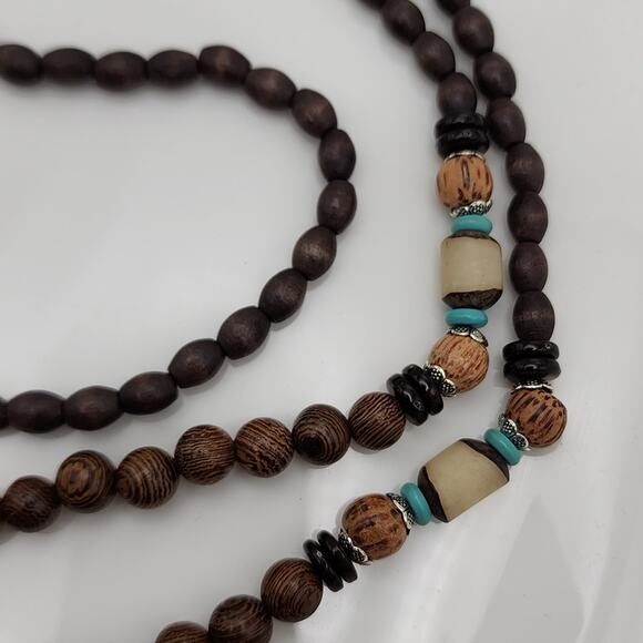 Boho Wood Bead Gold Pendant Necklace - Picture 4 of 4